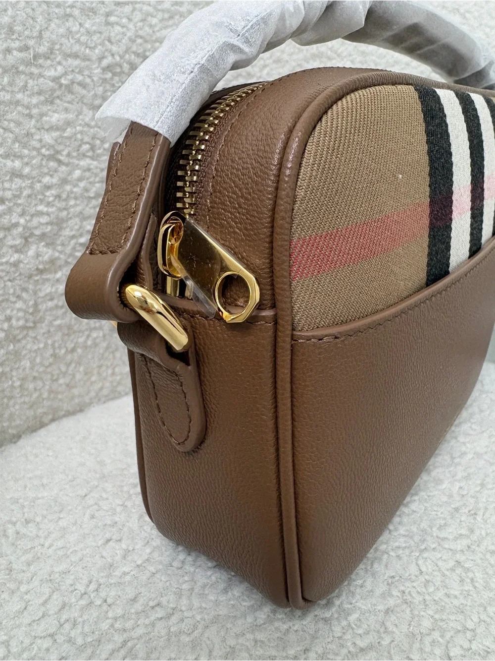 Burberry Brown Leather camera Bag with Signature Check